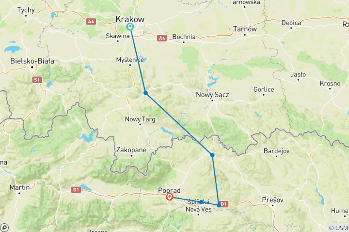 Map of Cycling Krakow to Slovakia