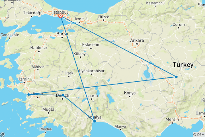 Kaart van Rondreis langs Turkije's topbestemmingen – per vlucht – 9 dagen