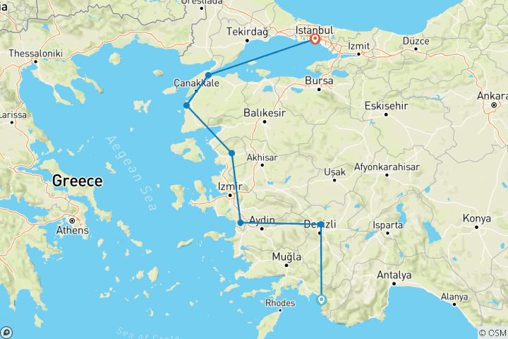 Map of Fethiye to Istanbul - Ancient Turkey Tour