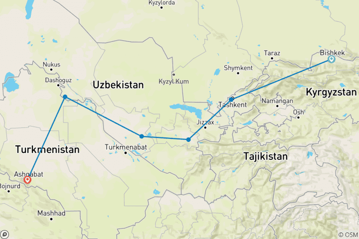 Map of Bishkek To Ashgabat (31 Days)