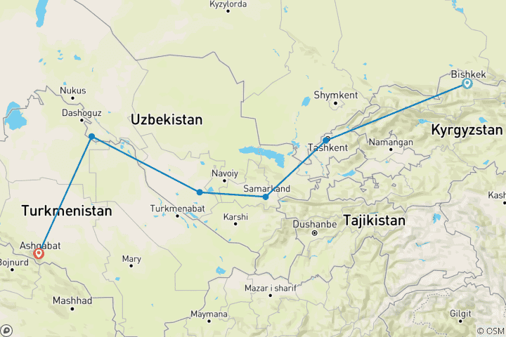 Karte von Bischkek - Aschgabat 31 Tage