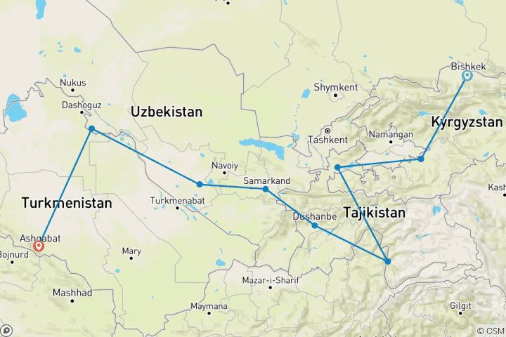 Carte du circuit De Bishkek à Ashgabat (31 jours)