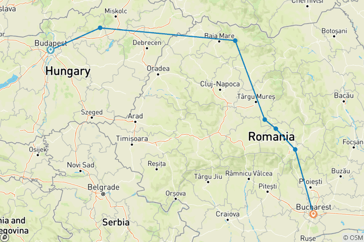 Map of Budapest to Bucharest