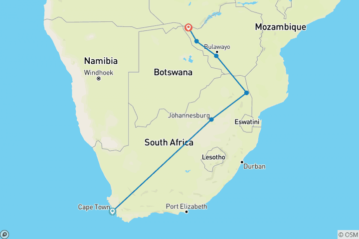 Map of Cape Town, Kruger & Zimbabwe