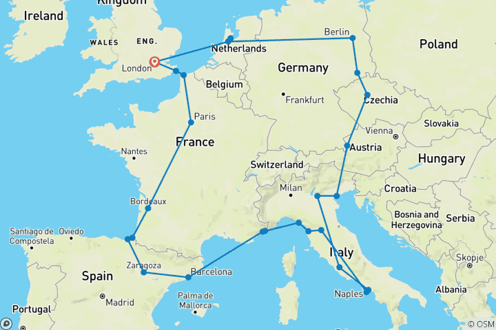 Map of European Quest (Winter, Start London, Classic, 25 Days)