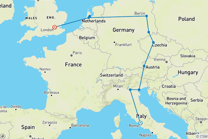 Map of Rome to London Quest (Summer, 10 Days)