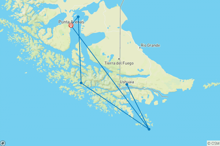 Karte von Darwins Route ab Punta Arenas - 8 Nächte