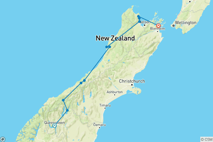 Carte du circuit L'Ouest sauvage au départ de Queenstown - Très bien noté par le National Geographic