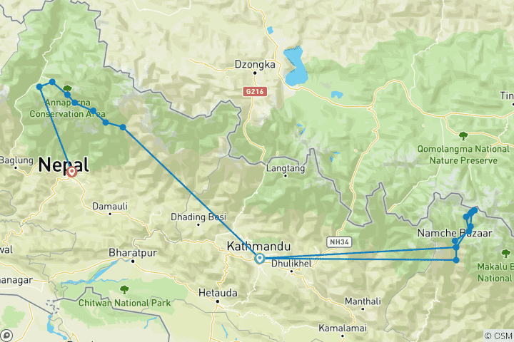 Carte du circuit Trek du camp de base de l'Everest et du circuit de l'Annapurna (20 destinations)