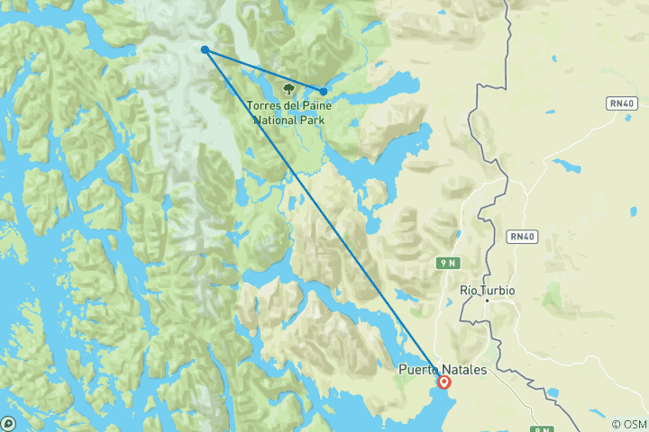 Kaart van Torres del Paine W Trek 5D/4N (Zelfsturing)