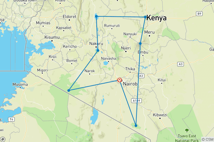 Map of Lakes & Mountain Safari 10D/9N (Masai Mara, Lake Nakuru & Baringo, Samburu, Amboseli)