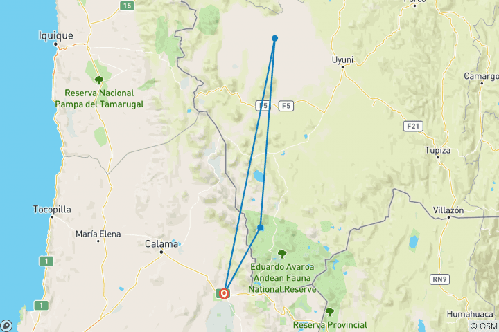 Carte du circuit Aventure dans le désert et les salines d'Uyuni 4J/3N - d'Atacama à Atacama