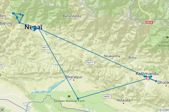 Carte du circuit Culture népalaise, faune sauvage et trek de Poon Hill