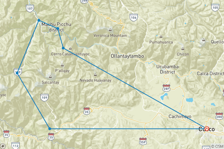 Carte du circuit Trek du Salkantay au Machu Picchu 6J/5N