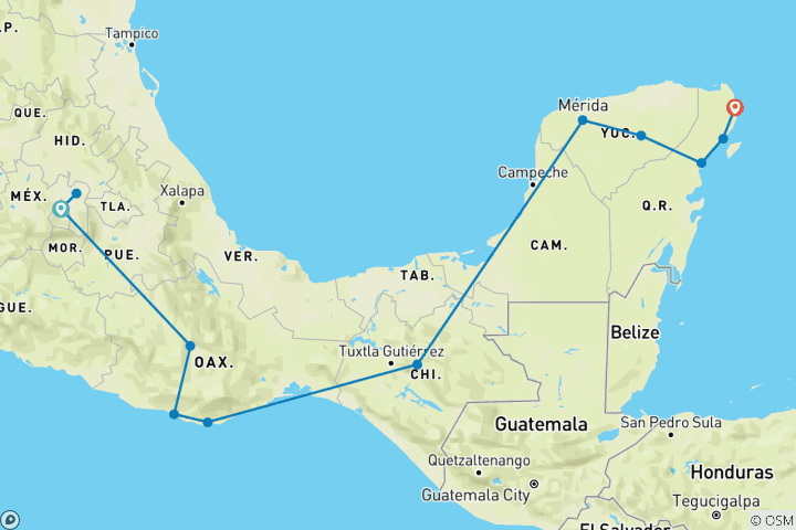 Carte du circuit Passeport de voyage pour les hauts lieux du Mexique - au départ de Mexico