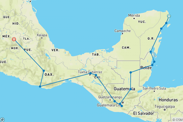 Map of Cancun to Mexico City (via Belize & Guatemala) Travel Pass