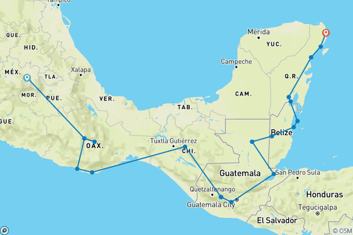 Map of Mexico City to Cancun (via Guatemala & Belize) Travel Pass