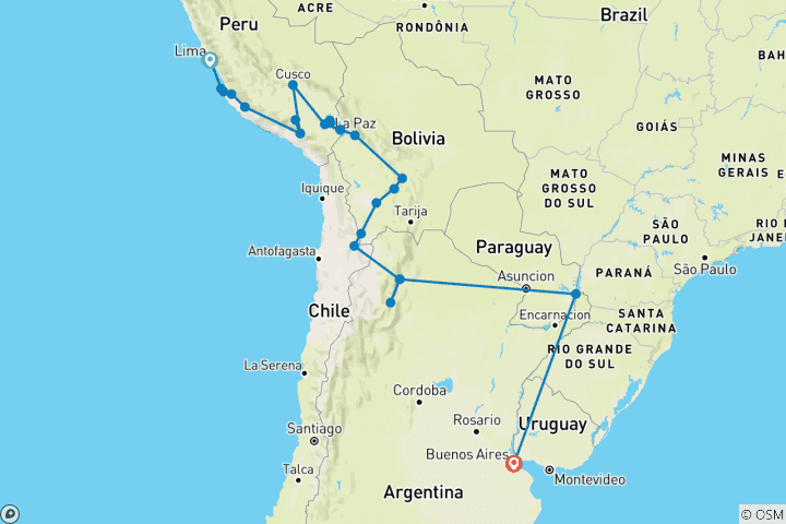 Map of Lima to Buenos Aires (via Salta) Travel Pass