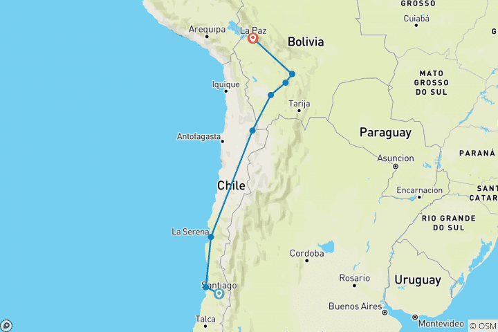 Karte von Reisepass von Santiago nach La Paz