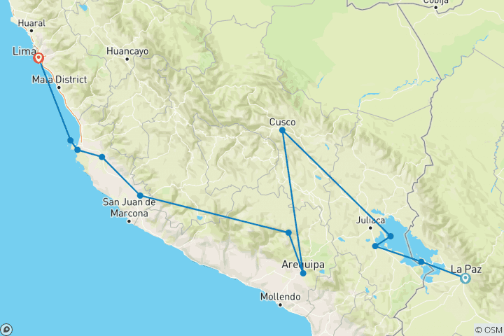 Karte von Von La Paz nach Lima Express Travel Pass