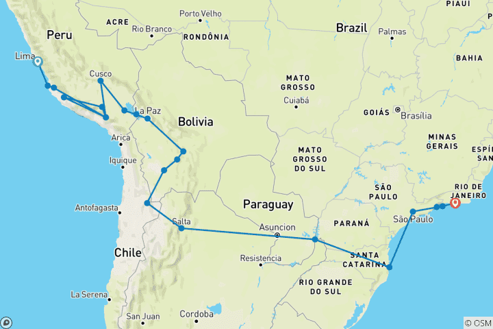 Mapa de Pase de viaje de Lima a Río de Janeiro - Chile y Argentina