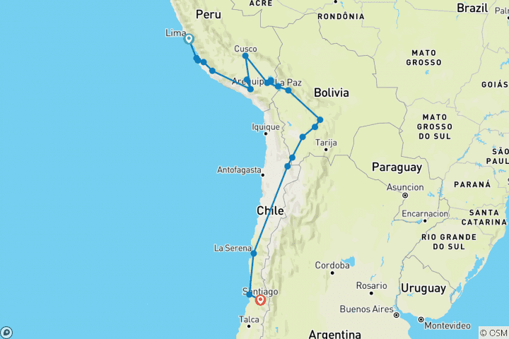 Map of Lima to Santiago (via Uyuni) Travel Pass