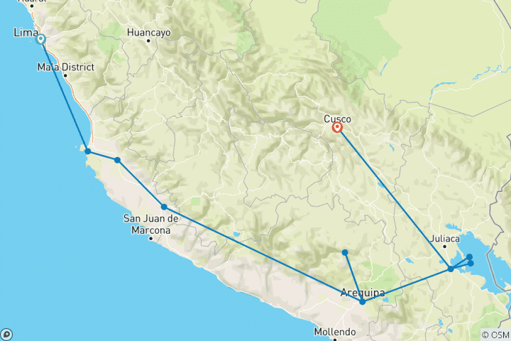 Carte du circuit Carte de transport de Lima à Cuzco