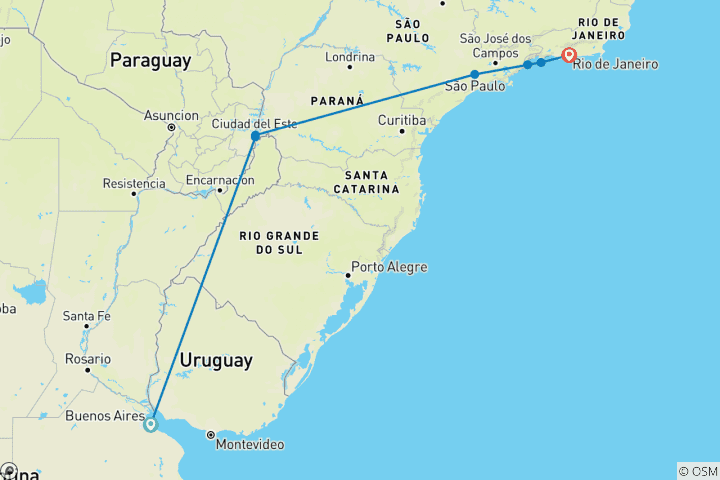 Map of Buenos Aires to Rio de Janeiro (via Iguazu) Travel Pass