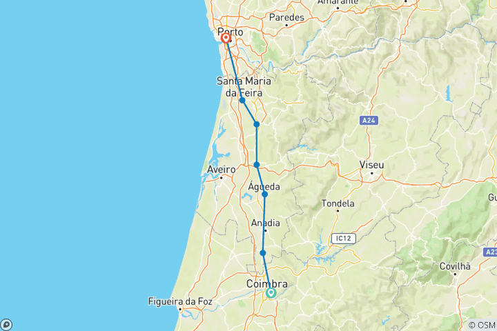 Map of The Portuguese Camino - Coimbra to Porto