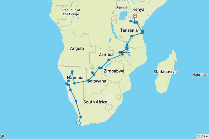 Map of 41-day Cape Town to Kenya (Camping)