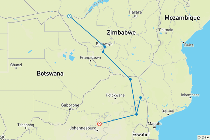 Map of 7-day Victoria Falls to Kruger (Camping)