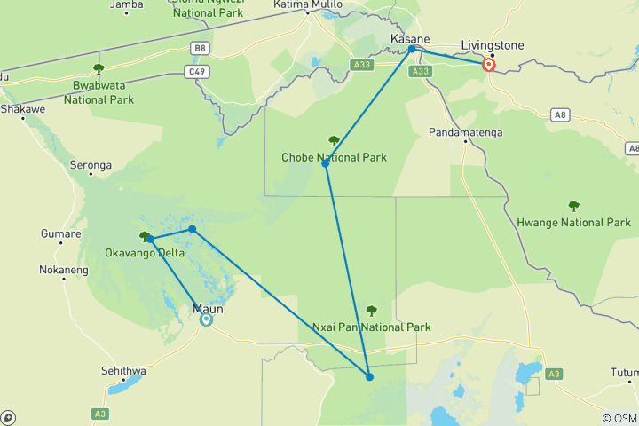 Map of Botswana Wild Parks (Maun Start)