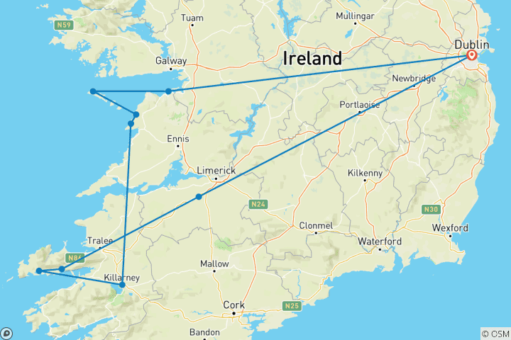 Carte du circuit Circuit de 7 jours dans le sud et l'ouest de l'Irlande