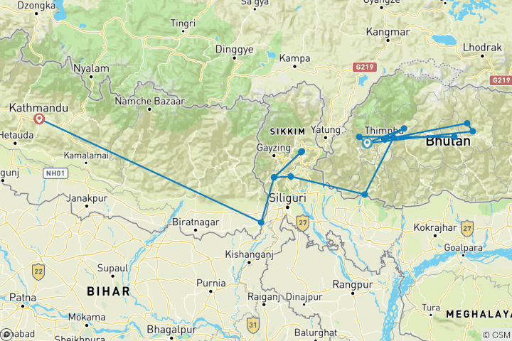 Carte du circuit Circuit spécial de 15 jours - Bhoutan, Sikkim et Darjeeling