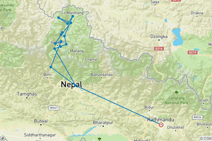 Map of 10 days Jeep tour to Upper Mustang in Nepal