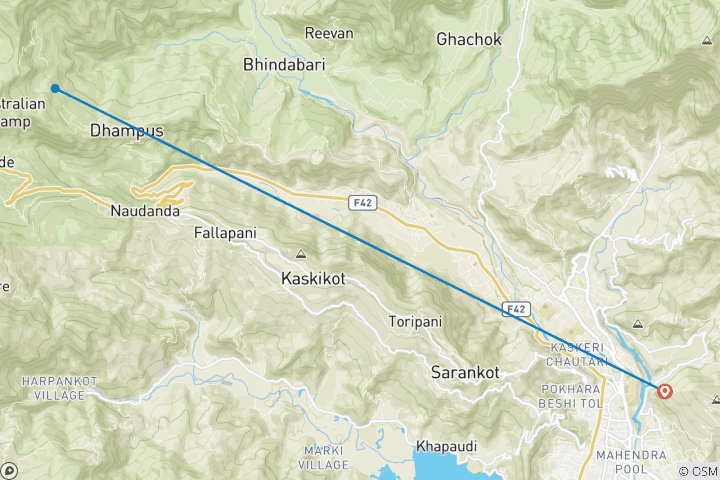 Carte du circuit 5 heures de Trek autour de Pokhara