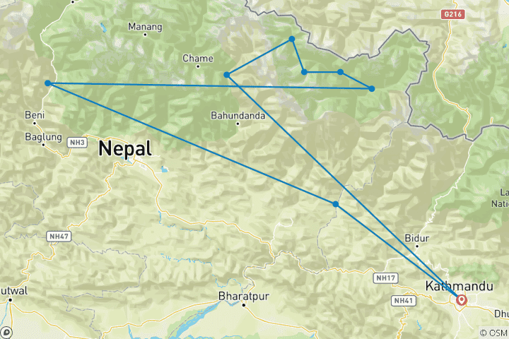 Mapa de Itinerario de excursionismo de 13 días al circuito de Manaslu por el valle de Tsum y Larkya La