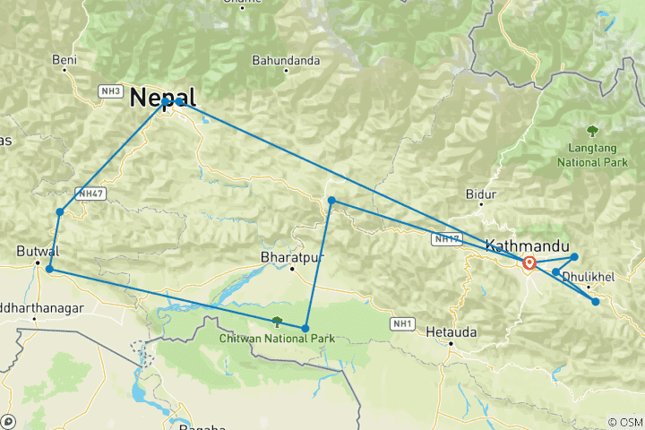 Map of 12 days Explore Nepal Tour