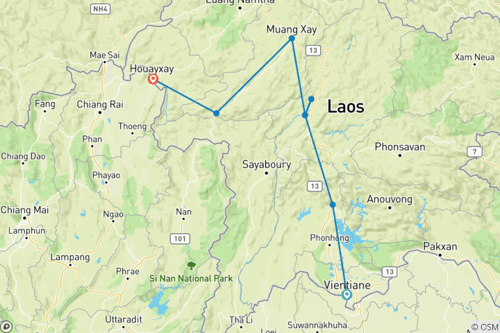 Map of Cross-Border Adventure: Vientiane to Chiang Rai 9-Day