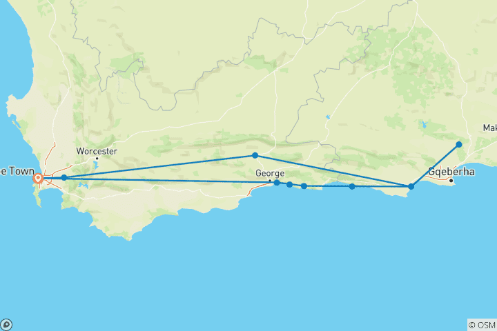 Map of 7 day Garden Route, Cape Point and Winelands Combo