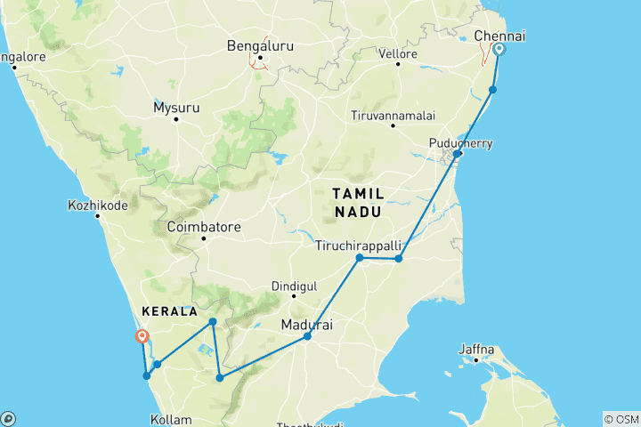 Mapa de El espiritual Tamilnadu con el encantador Kerala