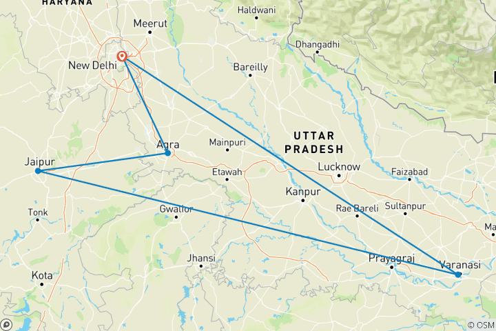 Carte du circuit Triangle d'or avec célébration de Holi et Varanasi spirituelle (27 fév - 7 mars 2026) - Départ fixe