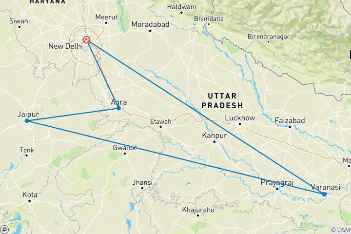 Carte du circuit Triangle d'or avec célébration de Holi et Varanasi spirituelle (27 fév - 7 mars 2026) - Départ fixe
