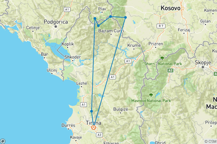 Mapa de Picos de los Balcanes - ruta de senderismo en grupo pequeño por Albania, Kosovo y Montenegro