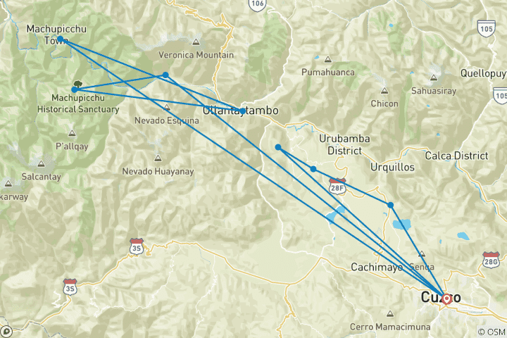 Kaart van Wandeltocht over de klassieke Inca-trail naar Machu Picchu & de Heilige Vallei