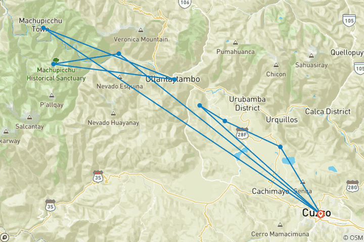 Karte von Wandern auf dem klassischen Inkapfad nach Machu Picchu und ins Heilige Tal