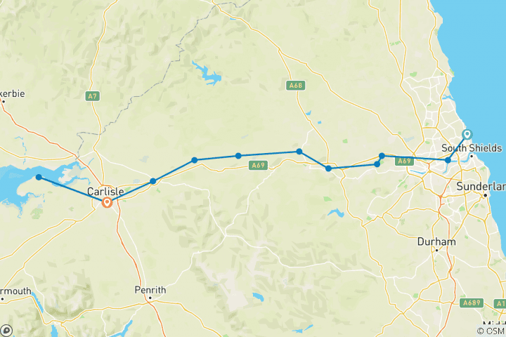 Map of Hadrian's Wall Walk From Whitley Bay - 10 Days