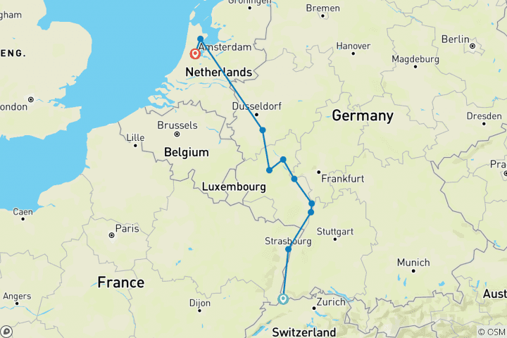 Map of Classical Rhine Cruise (Basel - Amsterdam)