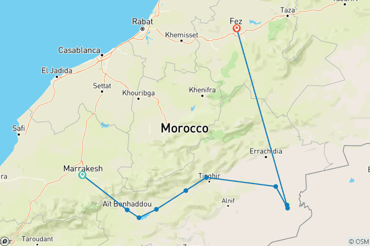 Kaart van 3 Dagen / 2 Nachten Woestijn Tocht Eindigend in Fes