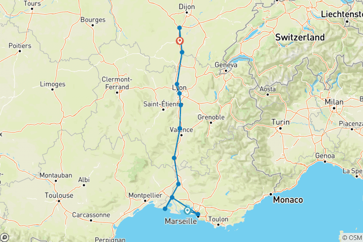 Carte du circuit Les portes de la Provence, de la Camargue, du Rhône et de la Saône - croisière port à port